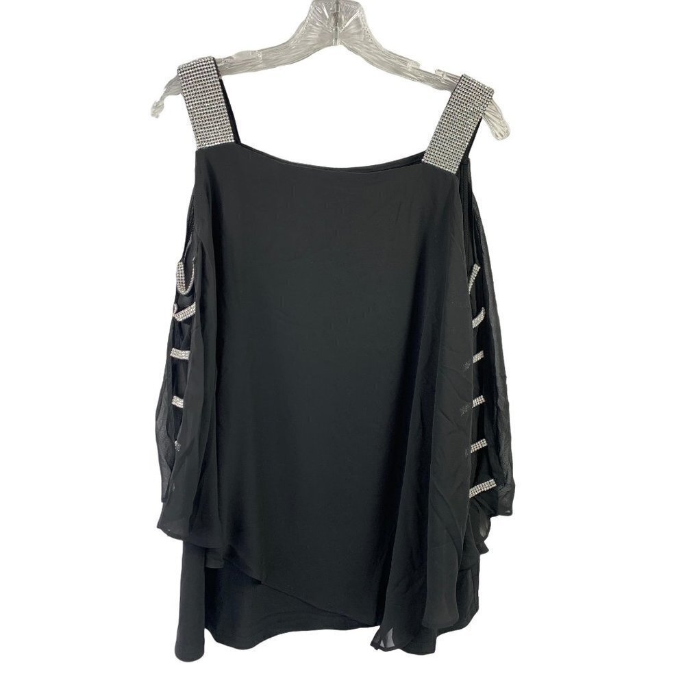 Roz & Ali Black Cold-Shoulder Blouse with Rhinestone Straps